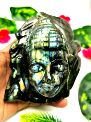 Labradorite Crystal Buddha Head on leaf - handmade carving of serene and meditating Lord Buddha - crystal/reiki/chakra - 4.5 inches and 0.90 kg