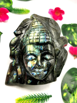 Labradorite Crystal Buddha Head on leaf - handmade carving of serene and meditating Lord Buddha - crystal/reiki/chakra - 4.5 inches and 0.90 kg