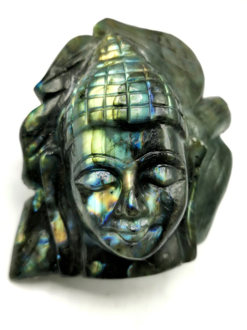 Labradorite Crystal Buddha Head on leaf - handmade carving of serene and meditating Lord Buddha - crystal/reiki/chakra - 4.5 inches and 0.90 kg