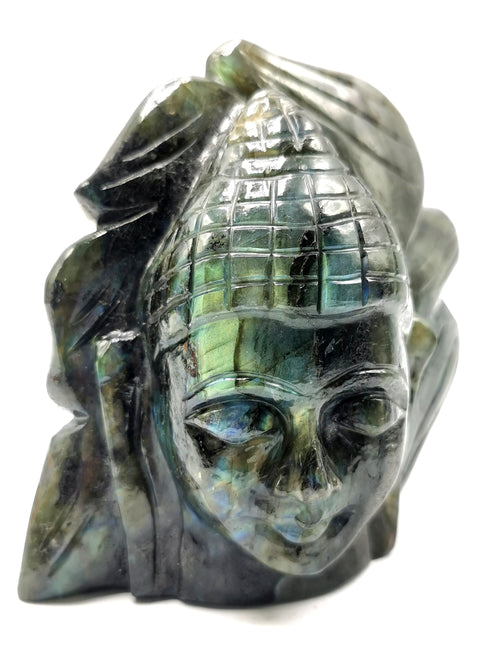 Labradorite Crystal Buddha Head on leaf - handmade carving of serene and meditating Lord Buddha - crystal/reiki/chakra - 4.5 inches and 0.90 kg