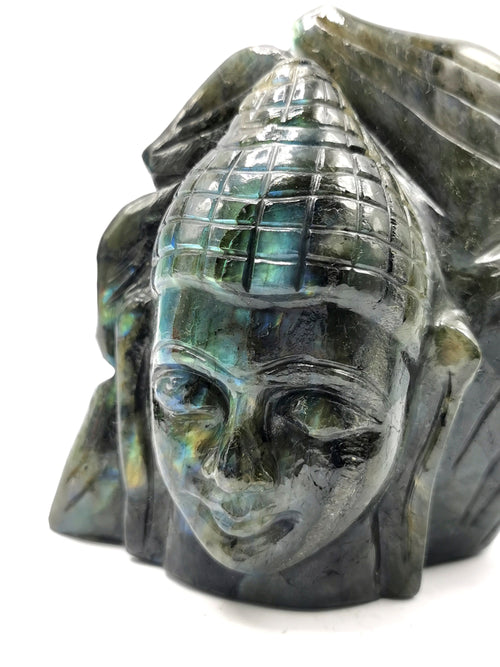 Labradorite Crystal Buddha Head on leaf - handmade carving of serene and meditating Lord Buddha - crystal/reiki/chakra - 4.5 inches and 0.90 kg