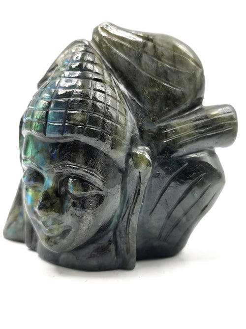Labradorite Crystal Buddha Head on leaf - handmade carving of serene and meditating Lord Buddha - crystal/reiki/chakra - 4.5 inches and 0.90 kg