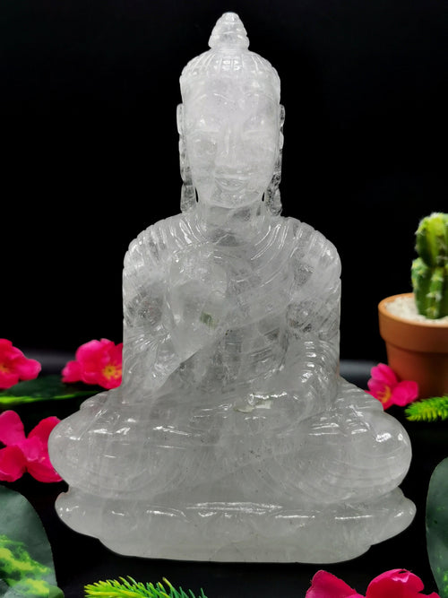 Clear Quartz/Clear Crystal Buddha - handmade carving of serene and meditating Lord Buddha - crystal/reiki/healing - 8 inches and 1.76 kgs