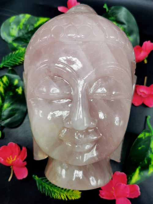 Rose Quartz crystal Buddha Face/Head - handmade carving of serene face of Lord Buddha - crystal/reiki/healing - 7.1 inch and 2.94 kg (6.47 lb)