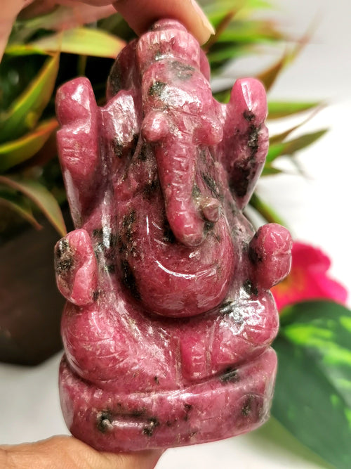 Crystal Rhodonite Handmade Carving of Ganesh - Lord Ganesha Idol | Sculpture in Crystals/Gemstones - Reiki/Chakra/Healing - 3 inches and 235 gms