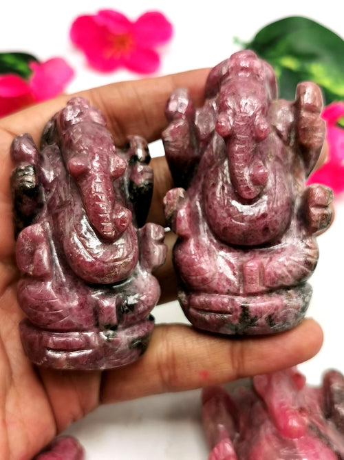 Rhodonite crystal Handmade Carving of Ganesh - Lord Ganesha Idol | Sculpture in Crystals/Gemstones - Reiki/Chakra/Healing - 3 inches and 160 gms