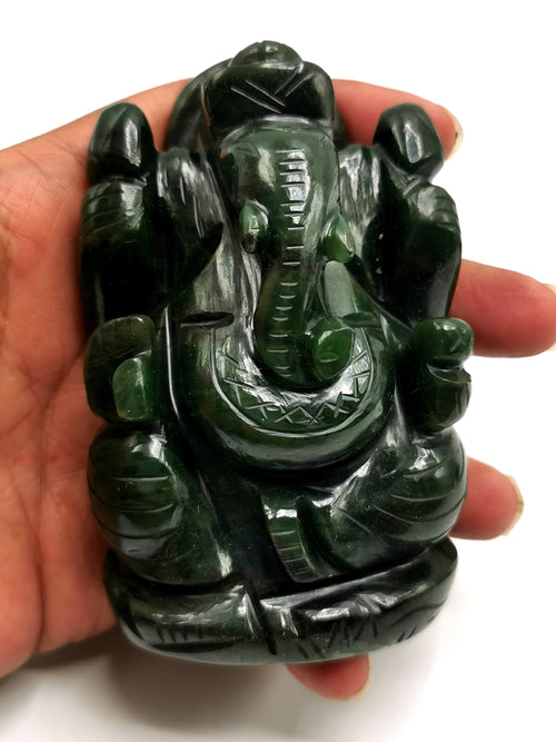 Columbian Jade crystal Handmade Carving of Ganesh - Lord Ganesha Idol in Crystals and Gemstones - 3.5 inch and 280 gms (0.62 lb) - ONE STATUE ONLY