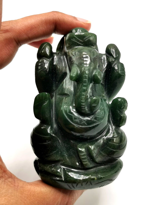 Columbian Jade crystal Handmade Carving of Ganesh - Lord Ganesha Idol in Crystals and Gemstones - 3.5 inch and 280 gms (0.62 lb) - ONE STATUE ONLY