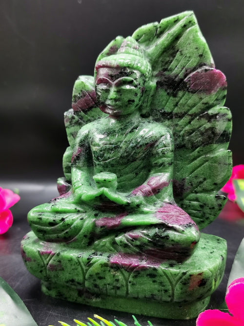 Gemstone Ruby ziosite hand carved Buddha - carving of serene and meditating Lord Buddha - crystal/reiki/chakra - 5.5 inch and 0.90 kg (1.98 lb)