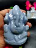 Angelite Crystal Handmade Carving of Ganesh - Lord Ganesha Idol | Sculpture in Crystals/Gemstones - Reiki/Chakra/Healing - 3.4 inches and 240 gms