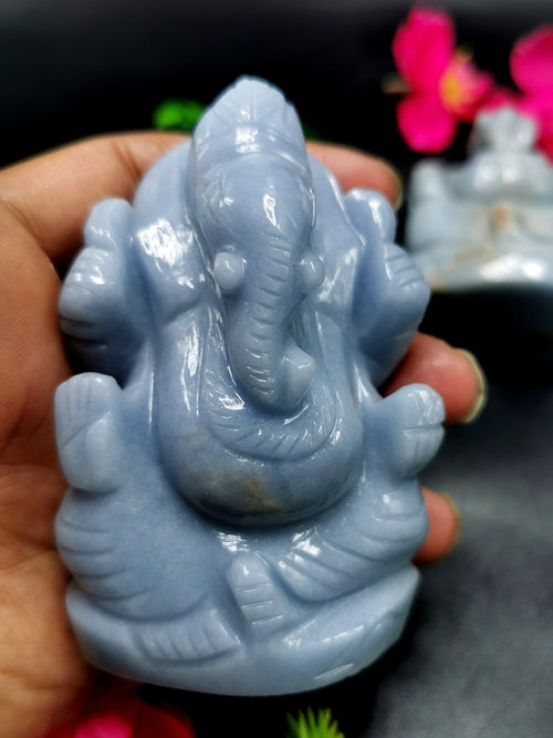 Angelite Crystal Handmade Carving of Ganesh - Lord Ganesha Idol | Sculpture in Crystals/Gemstones - Reiki/Chakra/Healing - 3.4 inches and 240 gms