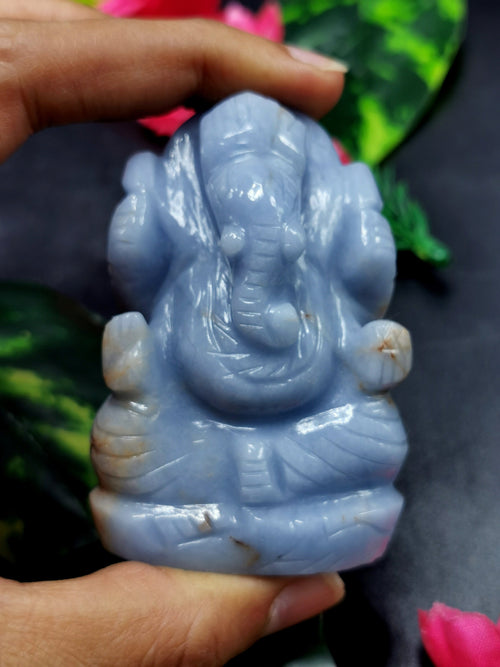Angelite gemstone Handmade Carving of Ganesh - Lord Ganesha Idol | Sculpture in Crystals/Gemstones - Reiki/Chakra/Healing - 2.6 inches and 110 gms