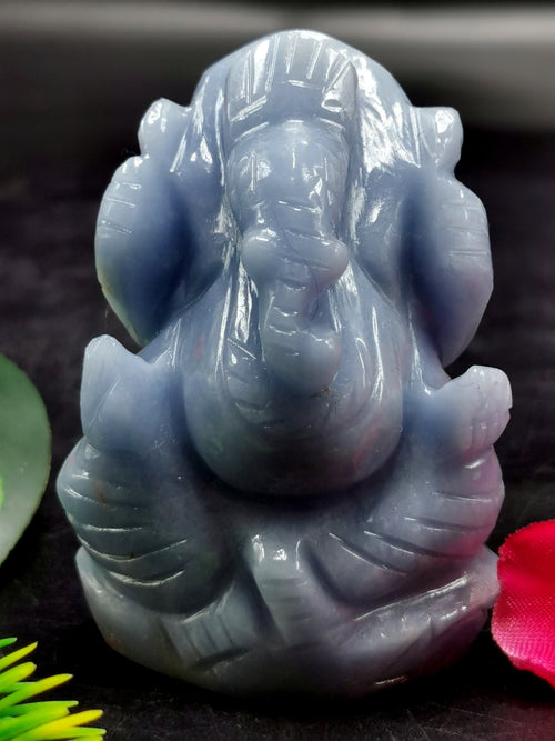 Angelite gemstone Handmade Carving of Ganesh - Lord Ganesha Idol | Sculpture in Crystals/Gemstones - Reiki/Chakra/Healing - 2.6 inches and 110 gms