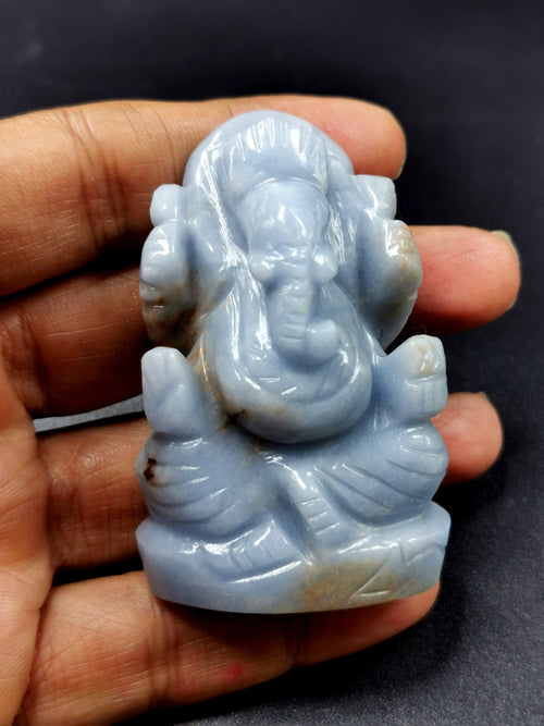 Angelite gemstone Handmade Carving of Ganesh - Lord Ganesha Idol | Sculpture in Crystals/Gemstones - Reiki/Chakra/Healing - 2.6 inches and 110 gms