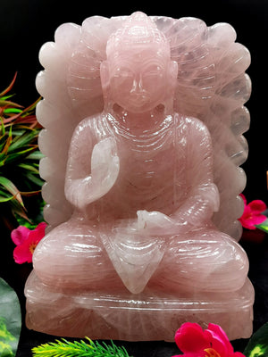 Rose Quartz Crystal Buddha with back arch - handmade carving of serene and meditating Lord Buddha - crystal/reiki/chakra - 8 in and 3.32 kg (7.3 lb)