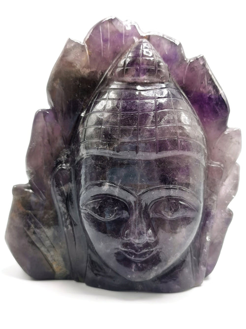 Carving of Buddha Head on leaf in Amethyst Gemstone - handmade carving of serene and meditating Lord Buddha face - crystal/reiki/healing - 5.5 inches and 1. 5 kgs