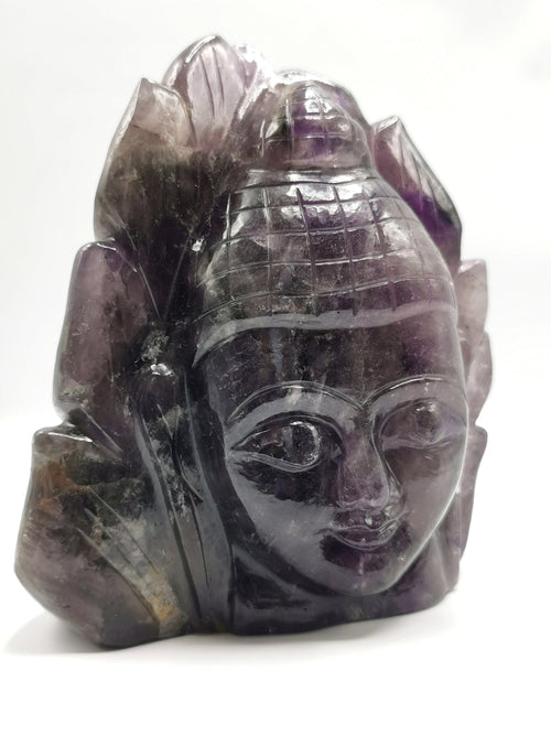 Carving of Buddha Head on leaf in Amethyst Gemstone - handmade carving of serene and meditating Lord Buddha face - crystal/reiki/healing - 5.5 inches and 1. 5 kgs