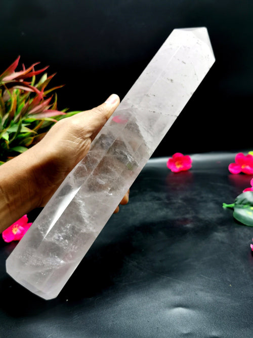 Large 8-face Clear Quartz point/wand/tower -handmade carvings - energy/chakra/reiki - 13 in (32.5 cms) height and 2.09 kg (4.60 lb)