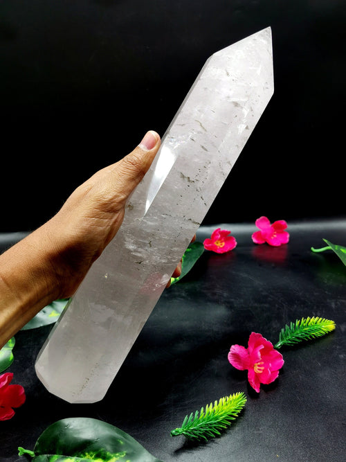 Large 8-face Clear Quartz point/wand/tower -handmade carvings - energy/chakra/reiki - 12 in (30 cms) height and 1.79 kg (3.94 lb)