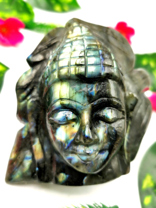 Labradorite Crystal Buddha Head on leaf - handmade carving of serene and meditating Lord Buddha - crystal/reiki/chakra - 4.5 inches and 0.90 kg