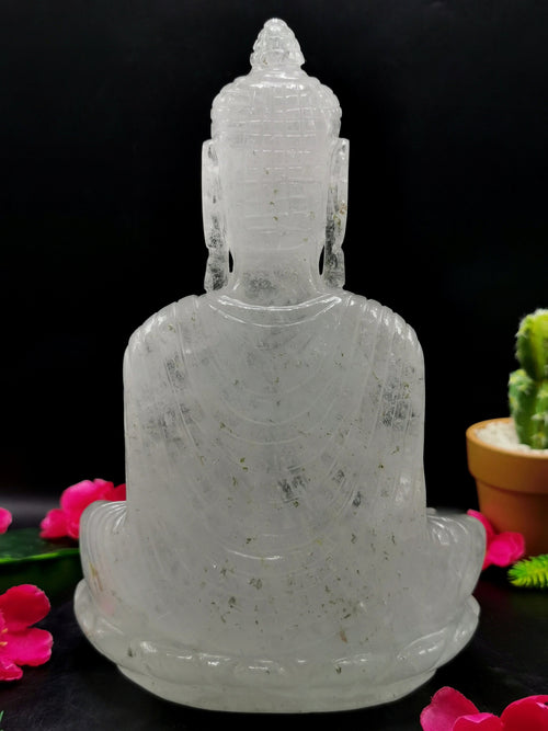 Clear Quartz/Clear Crystal Buddha - handmade carving of serene and meditating Lord Buddha - crystal/reiki/healing - 8 inches and 1.76 kgs