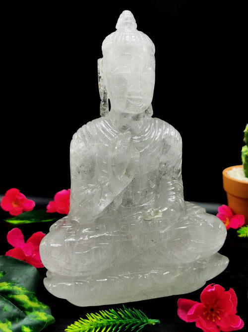 Clear Quartz/Clear Crystal Buddha - handmade carving of serene and meditating Lord Buddha - crystal/reiki/healing - 8 inches and 1.76 kgs