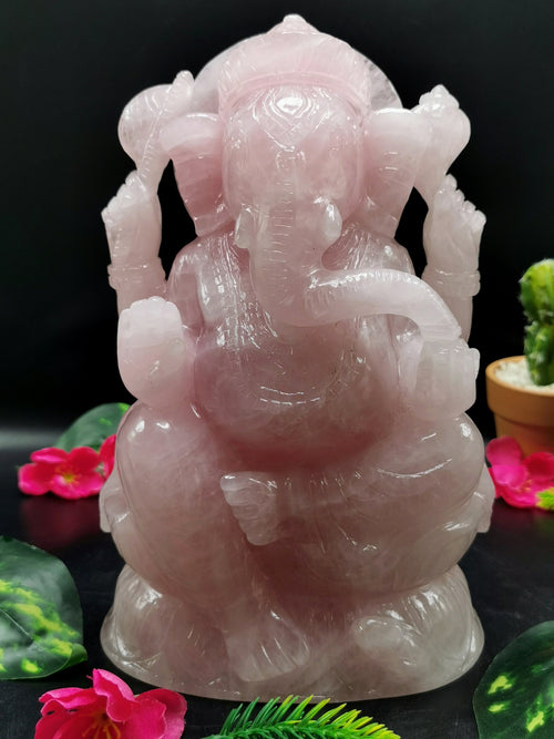Quartz Ganesh Carving Handmade in Rose Quartz - Lord Ganesha Idol |Sculpture in Crystals and Gemstones -Reiki/Chakra/Healing - 9 inch and 4.22 kgs