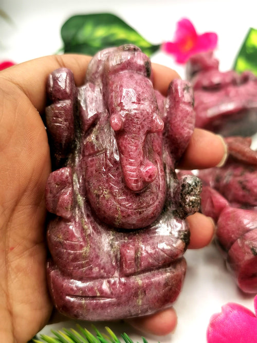 Crystal Rhodonite Handmade Carving of Ganesh - Lord Ganesha Idol | Sculpture in Crystals/Gemstones - Reiki/Chakra/Healing - 3 inches and 235 gms