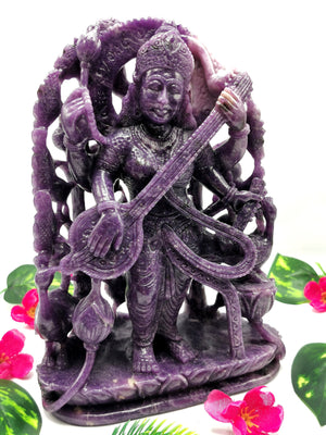 Lepidolite Goddess Saraswati carving in lepidolite crystal - Goddess of Learning idol/statue in gemstones and crystals - 9 in and 2.72 kg (5.98 lb)
