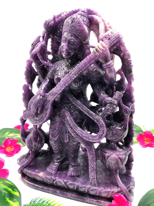 Lepidolite Goddess Saraswati carving in lepidolite crystal - Goddess of Learning idol/statue in gemstones and crystals - 9 in and 2.72 kg (5.98 lb)