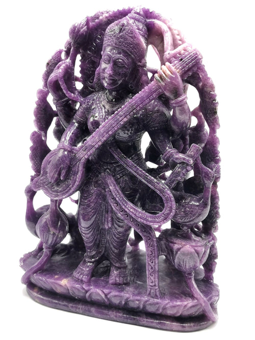 Lepidolite Goddess Saraswati carving in lepidolite crystal - Goddess of Learning idol/statue in gemstones and crystals - 9 in and 2.72 kg (5.98 lb)
