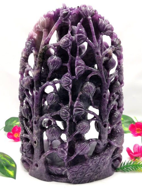Lepidolite Goddess Saraswati carving in lepidolite crystal - Goddess of Learning idol/statue in gemstones and crystals - 9 in and 2.72 kg (5.98 lb)