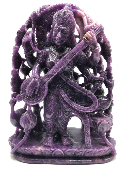 Lepidolite Goddess Saraswati carving in lepidolite crystal - Goddess of Learning idol/statue in gemstones and crystals - 9 in and 2.72 kg (5.98 lb)