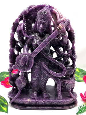 Lepidolite Goddess Saraswati carving in lepidolite crystal - Goddess of Learning idol/statue in gemstones and crystals - 9 in and 2.72 kg (5.98 lb)