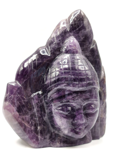 Buddha Head on leaf handmade carving in Amethyst gemstone - serene and meditating Lord Buddha face - crystal/reiki/healing - 5.5 inches and 1.13 kgs