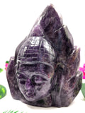 Buddha Head on leaf handmade carving in Amethyst gemstone - serene and meditating Lord Buddha face - crystal/reiki/healing - 5.5 inches and 1.13 kgs