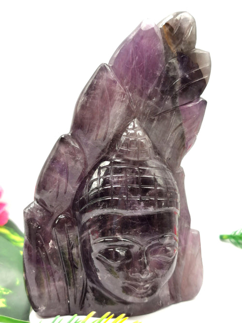 Carving of Buddha head in Amethyst - handmade carving of serene and meditating Lord Buddha face - crystal/reiki/healing - 5 inches and 0.60 kgs