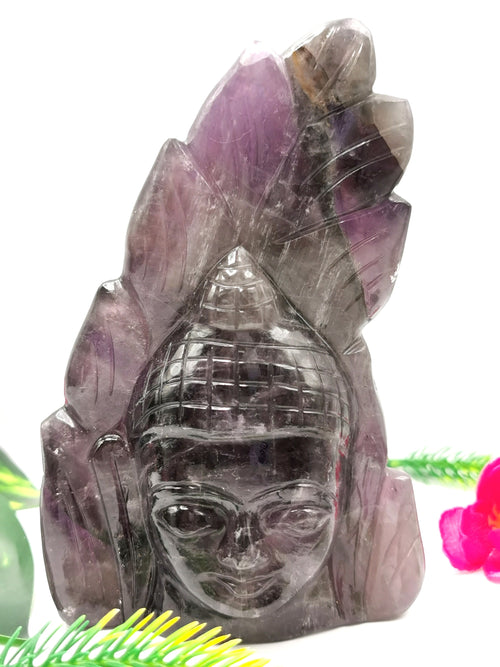 Carving of Buddha head in Amethyst - handmade carving of serene and meditating Lord Buddha face - crystal/reiki/healing - 5 inches and 0.60 kgs