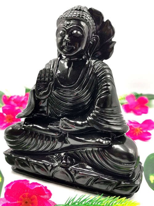 Buddha statue in Black agate gemstone hand carved - carving of serene and meditating Lord Buddha - crystal/reiki/chakra - 6 inch and 1.39 kg (3.06 lb)
