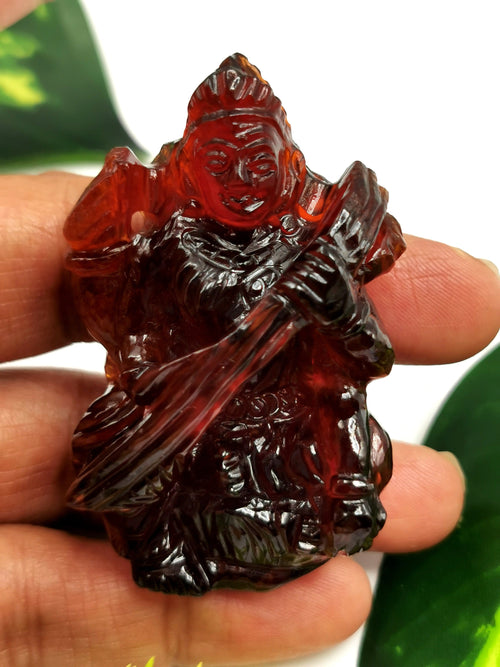 Saraswati carving in hessonite garnet (gomed) stone - Goddess of Learning idol/statue in gemstones and crystals - 2.25 inches and 297 carats