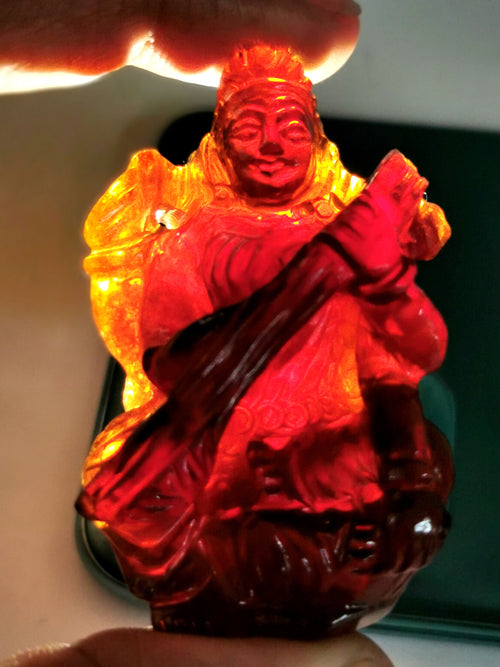 Saraswati carving in hessonite garnet (gomed) stone - Goddess of Learning idol/statue in gemstones and crystals - 2.25 inches and 297 carats