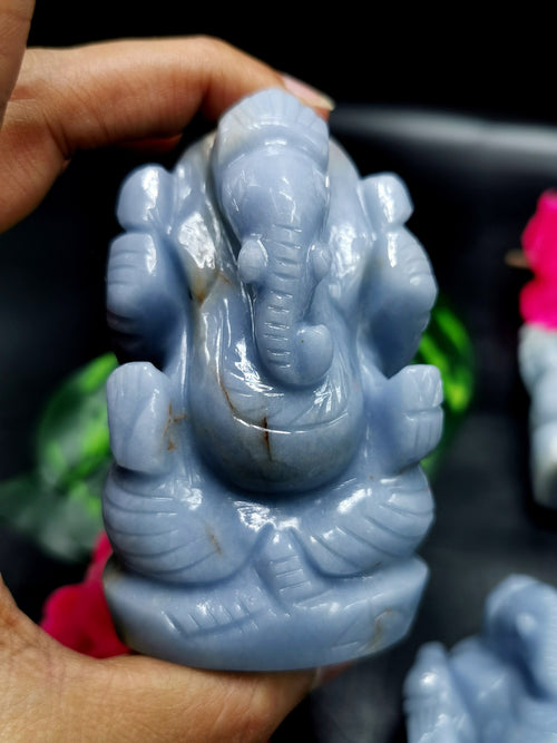 Angelite Crystal Handmade Carving of Ganesh - Lord Ganesha Idol | Sculpture in Crystals/Gemstones - Reiki/Chakra/Healing - 3.4 inches and 240 gms