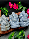 Angelite Crystal Handmade Carving of Ganesh - Lord Ganesha Idol | Sculpture in Crystals/Gemstones - Reiki/Chakra/Healing - 3.4 inches and 240 gms