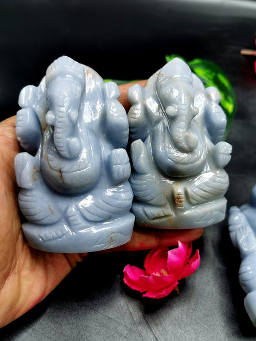 Angelite Crystal Handmade Carving of Ganesh - Lord Ganesha Idol | Sculpture in Crystals/Gemstones - Reiki/Chakra/Healing - 3.4 inches and 240 gms