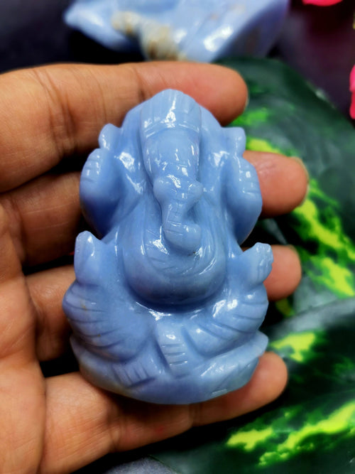 Angelite gemstone Handmade Carving of Ganesh - Lord Ganesha Idol | Sculpture in Crystals/Gemstones - Reiki/Chakra/Healing - 2.6 inches and 110 gms