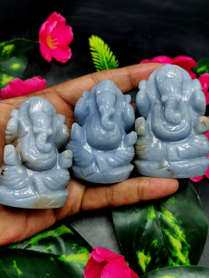Angelite gemstone Handmade Carving of Ganesh - Lord Ganesha Idol | Sculpture in Crystals/Gemstones - Reiki/Chakra/Healing - 2.6 inches and 110 gms