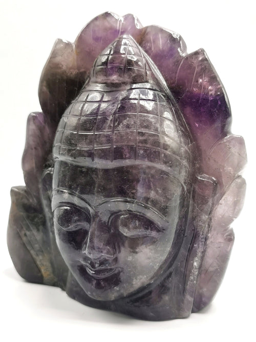 Carving of Buddha Head on leaf in Amethyst Gemstone - handmade carving of serene and meditating Lord Buddha face - crystal/reiki/healing - 5.5 inches and 1. 5 kgs
