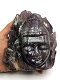 Carving of Buddha Head on leaf in Amethyst Gemstone - handmade carving of serene and meditating Lord Buddha face - crystal/reiki/healing - 5.5 inches and 1. 5 kgs