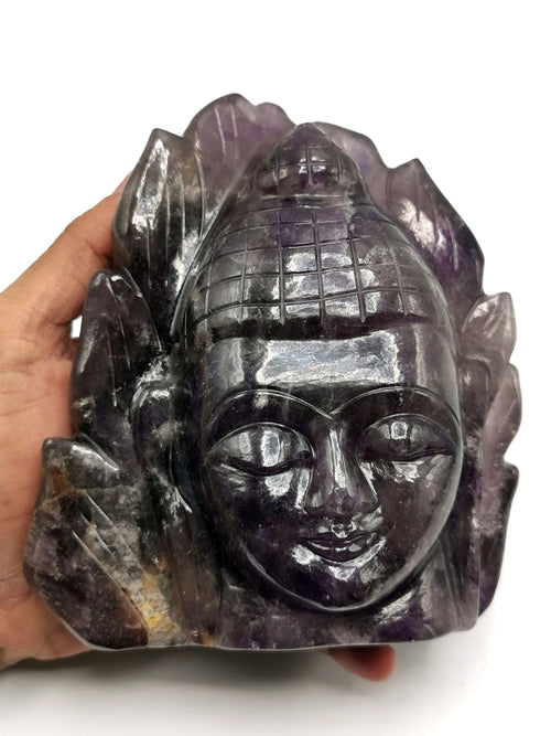 Carving of Buddha Head on leaf in Amethyst Gemstone - handmade carving of serene and meditating Lord Buddha face - crystal/reiki/healing - 5.5 inches and 1. 5 kgs