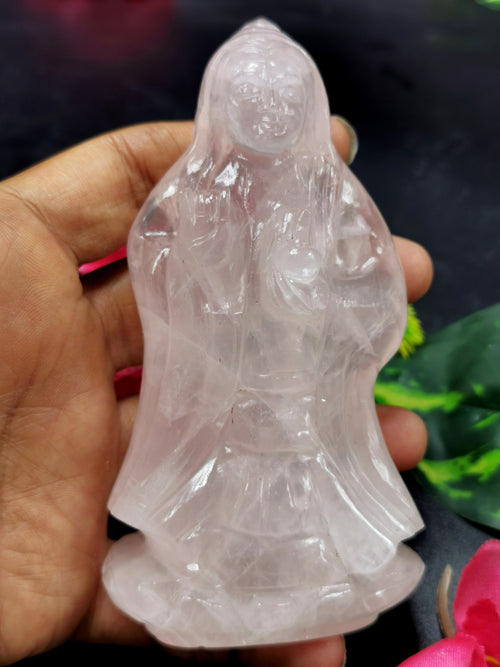 Rose Quartz Guanyin - handmade carving of Kwan Yin in standing posture - crystal/reiki/healing - 4.5 inches and 275 gms (0.61 lb)